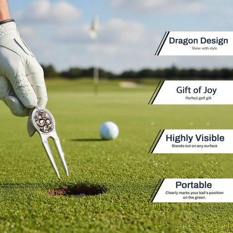 Golfer using Dragon Golf Ball Marker With Hat Clip, Crystal Red Eye Design, on green, shows divot tool feature, clear sky in background.