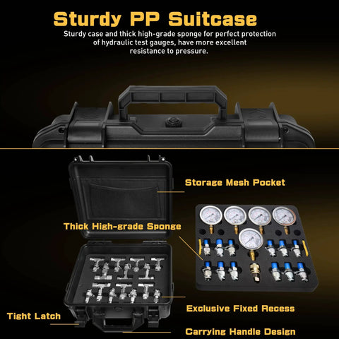 Built Tough Hydraulic Pressure Test Kit for Excavator With 13 Couplings and 14 Tee Connectors, 6 Test Hoses, 5 Pressure Gauges, Covers 150 1500 3500 6000 9000 PSI for Accurate Readings