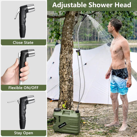 Man using Portable Camping Shower With Built-In Water Jug And Pump, Spill-Resistant Electric Outdoor Shower near tent