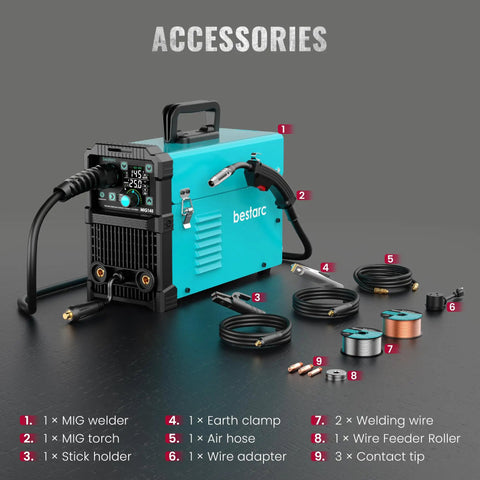 145A Dual Voltage MIG Welder For Home DIY 4 In 1 Gasless Flux Core MIG Lift TIG Stick Welder With Synergic IGBT Inverter and accessories