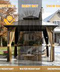 10x10 Ft Hardtop Gazebo With Dual Layer Metal Roof, Galvanized Steel Canopy, Netting And Curtains in different weather conditions