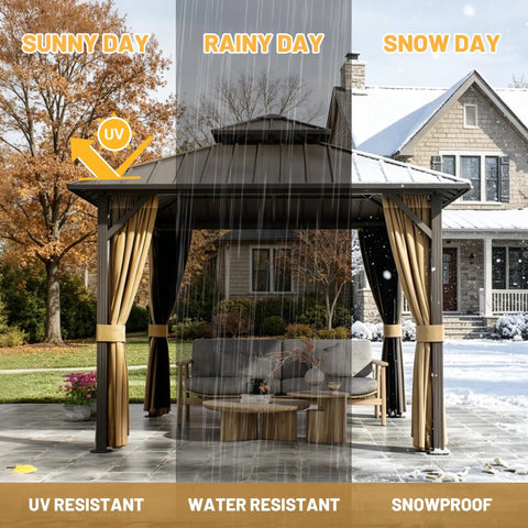 10x10 Ft Hardtop Gazebo With Dual Layer Metal Roof, Galvanized Steel Canopy, Netting And Curtains in different weather conditions