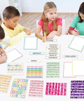 Students using Totally All In One Science Fair Board Kit With 72 Glitter Candy Borders at a table, includes letter sheets and subtitles.