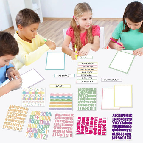 Students using Totally All In One Science Fair Board Kit With 72 Glitter Candy Borders at a table, includes letter sheets and subtitles.
