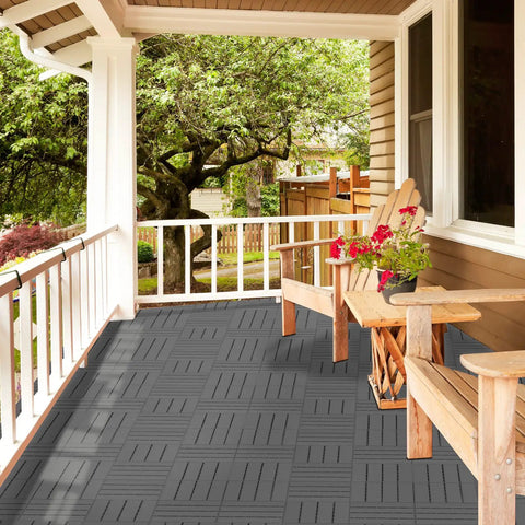 Interlocking Plastic Deck Tiles 27 Sq Ft Outdoor Flooring 12x12 Waterproof Patio Balcony Tiles All Weather Dark Grey for Poolside Porch Garden
