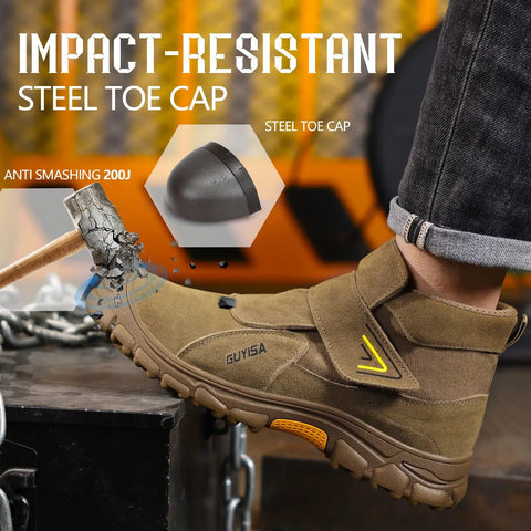 Impact-resistant welding work boots for men with steel toe slip-on safety boots for welders and construction rugged high top boots