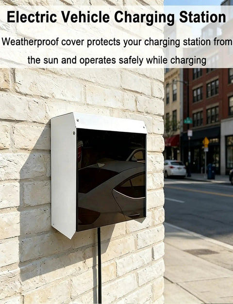 Tough As Nails Universal EV Charger Protective Cover for Heavy Rain Snow and UV Rays, galvanized steel wall mount on brick.