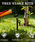 Beefy Heavy Duty Tree Stakes And Leaning Tree Support Kit with 12 inch stakes and tree in garden, weatherproof garden stakes