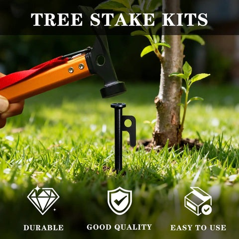 Beefy Heavy Duty Tree Stakes And Leaning Tree Support Kit with 12 inch stakes and tree in garden, weatherproof garden stakes