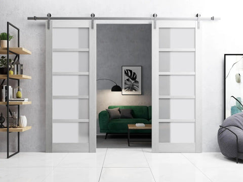 Sturdy Double Barn Door With Frosted Glass In Quadro 4002 Light Grey Oak 13 Ft Sliding Rail Hanger Kit Heavy Duty For Interiors