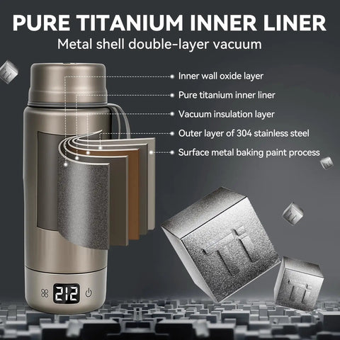Pure Titanium Electric Kettle For Travel With Smart Dual Voltage 110V-240V, Portable Compact Water Boiler 380Ml, showing titanium inner liner and metal shell construction.