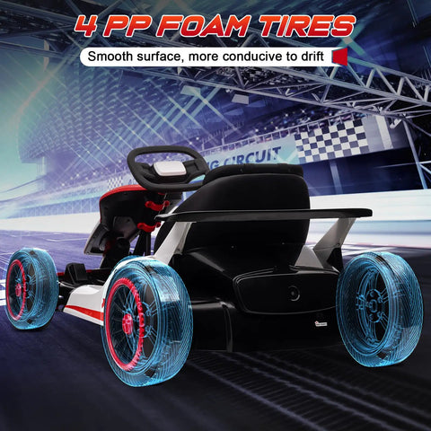 Rear view of 24V Ride On Drift Kart With Dual 150W Motors, 10Ah Battery, EVA Tires, Beast Mode, in a racing setting.