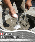Rock Solid Waterproofing Powder For Concrete And Mortar Sealer That Slams The Door On Water Infiltration Across Roofs And Basements Featuring Anti Crack Protection And Pro Grade No Sweat Application At 16 Oz Bag being added to cement mix in a mixing bucket.