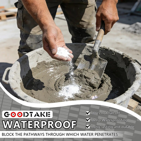 Rock Solid Waterproofing Powder For Concrete And Mortar Sealer That Slams The Door On Water Infiltration Across Roofs And Basements Featuring Anti Crack Protection And Pro Grade No Sweat Application At 16 Oz Bag being added to cement mix in a mixing bucket.