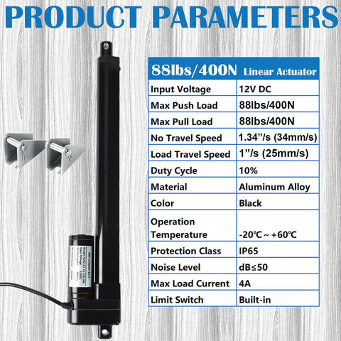 Front view of KM-LINEARTECH 12V DC heavy-duty linear actuator with mounting brackets; black aluminum, IP65, 88lb/400N