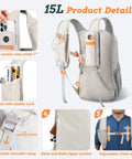 Ultralight 15L Daypack For Travel And Outdoors with phone pocket, adjustable straps, beige color, designed for men and women.