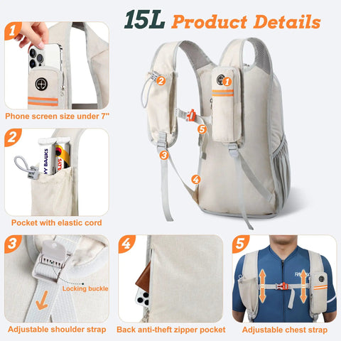 Ultralight 15L Daypack For Travel And Outdoors with phone pocket, adjustable straps, beige color, designed for men and women.
