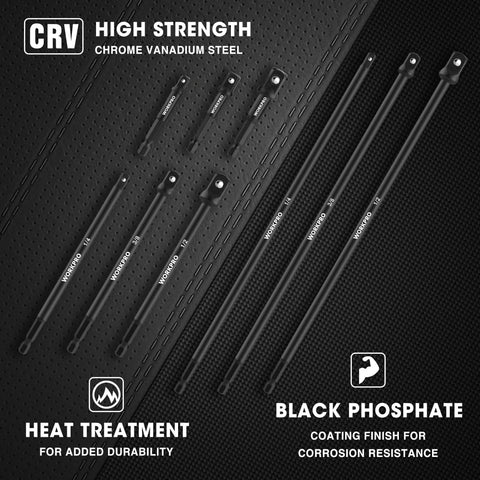 9 Piece Socket Adapter Extension Set with Quarter Inch Hex Shank for Quarter, Three Eighths, and Half Inch Drive Sockets
