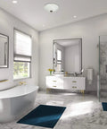 Modern bathroom interior featuring Boswell Decorative Bathroom Ventilation Fan With Light Ultra Quiet 70 CFM Swirled Marble Glass Includes 3 Interchangeable Finials In Chrome White And Oil Rubbed Bronze Easy Install Odor Reduction, sleek tub, mirrors, and glass shower.