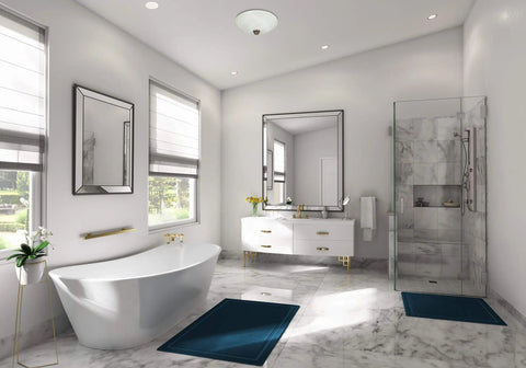 Modern bathroom interior featuring Boswell Decorative Bathroom Ventilation Fan With Light Ultra Quiet 70 CFM Swirled Marble Glass Includes 3 Interchangeable Finials In Chrome White And Oil Rubbed Bronze Easy Install Odor Reduction, sleek tub, mirrors, and glass shower.