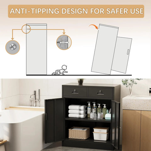 Heavy Duty Steel Storage Cabinet With Locking Doors And Two Drawers For Home Office Garage And School Use 36 Inch Tall Black Metal Cabinet shown in bathroom with anti-tipping design diagram.