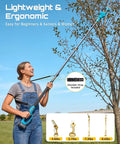 Person using 4 In 1 Pole Saw And Pruning Shears Kit For Tree Trimming Battery Powered Mini Chainsaw with extension pole.