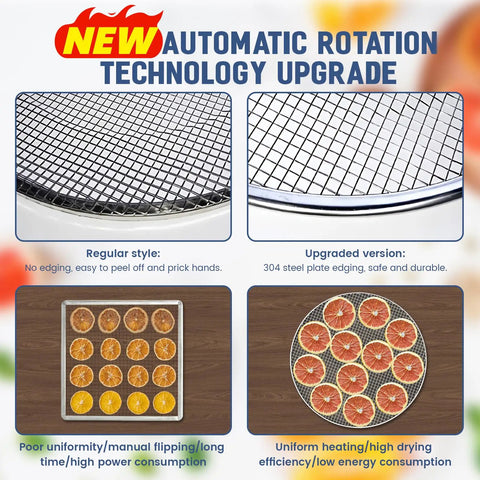 Comparison of heavy duty 16 trays commercial food dehydrator's stainless steel racks with upgraded features for efficient drying.