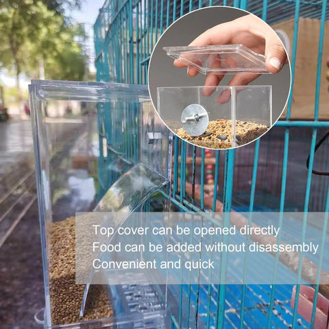 Two Pack Automatic No Mess Bird Cage Feeder Set With Clear Acrylic Food Tray And Blue Water Dispenser For Parrots, showing clear top opening.