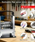 Knockout Automatic Wire Stripper Machine With Six Adjustable Channels And Five Sharp Blades For No Sweat Cable Prep showcasing wire sizes on a wooden workbench.