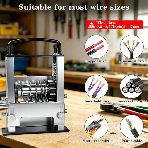 Knockout Automatic Wire Stripper Machine With Six Adjustable Channels And Five Sharp Blades For No Sweat Cable Prep showcasing wire sizes on a wooden workbench.