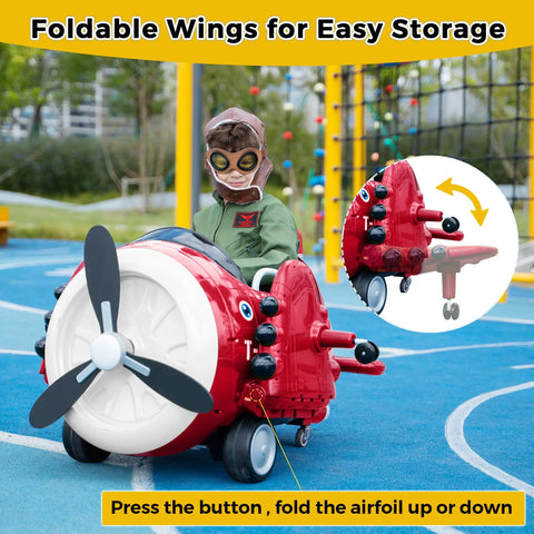 Ride On Airplane With Remote Control For Kids, 12V Battery Powered Toddler Car with foldable wings, on playground with child driver.