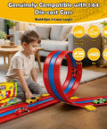 Child playing with Hot Wheels Compatible 16 Ft Flex Track Roll Up Stunt Track with Suction Cups and ramps, three lanes in red and blue.