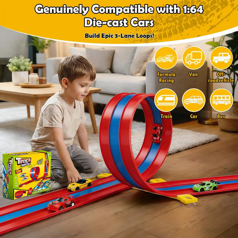 Child playing with Hot Wheels Compatible 16 Ft Flex Track Roll Up Stunt Track with Suction Cups and ramps, three lanes in red and blue.