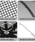 Metal mesh, frame, handle, and poker details of Heavy Duty 22 Inch Fire Pit Spark Screen With Handle And Poker For Outdoor Use.