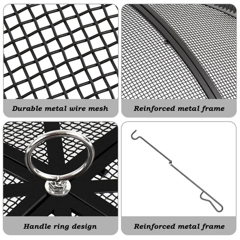 Metal mesh, frame, handle, and poker details of Heavy Duty 22 Inch Fire Pit Spark Screen With Handle And Poker For Outdoor Use.