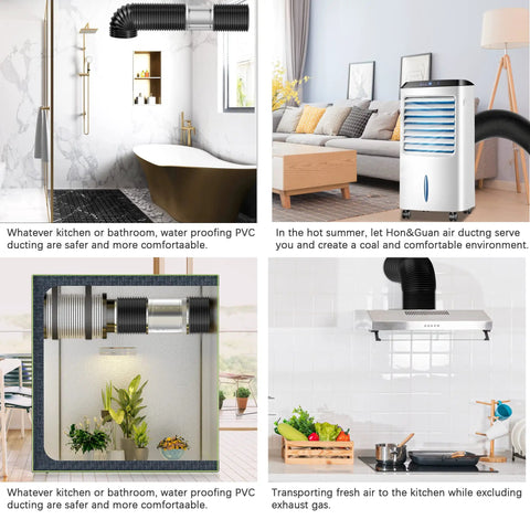 Four images showing applications of ducting systems in bathroom, living room, grow room, and kitchen setups.