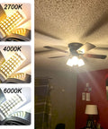 E12 LED Candelabra Bulbs 6W Warm White 2700K 550LM Replaces 60W Halogen Edison Screw Small Base for Ceiling Fans and Chandeliers 110V 120V Ultra Bright Pack of 10 lighting up a room with different color temperature options.