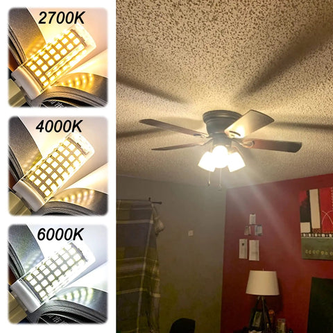 E12 LED Candelabra Bulbs 6W Warm White 2700K 550LM Replaces 60W Halogen Edison Screw Small Base for Ceiling Fans and Chandeliers 110V 120V Ultra Bright Pack of 10 lighting up a room with different color temperature options.