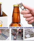Two Piece Stainless Steel Pry Bar Set Built Tough For Demolition Includes Flat Pry Bar Nine And A Half Inches Long And Mini Crowbar Six And Eleven Sixteenths Inches Long With Socket Wrench Bottle Opener Nail Puller Scraper And Baseboard Removal Tool shown opening a bottle.