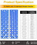 30-in-1 nut and bolt thread gauge, blue aluminum plates, standard and metric sizes, wall-mountable
