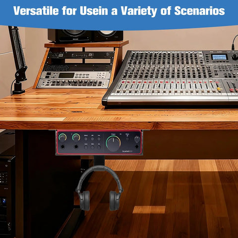 Heavy Duty Under Desk Mount For Scarlett 2i2 4th Gen With Adjustable Headphone Hanger in studio setup