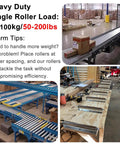 Heavy duty conveyor with 2 Inch Diameter Stainless Steel Conveyor Roller Pack For Gravity Conveyors 18 Inch Length Replacement Tubes For Industrial Woodworking Beefy Heavy Duty Load 50 To 200 Lbs 2 Pack Durable Easy To Install, shown installed and on a workbench.