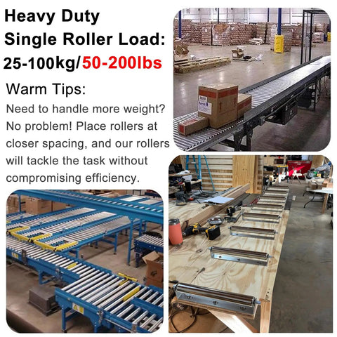 Heavy duty conveyor with 2 Inch Diameter Stainless Steel Conveyor Roller Pack For Gravity Conveyors 18 Inch Length Replacement Tubes For Industrial Woodworking Beefy Heavy Duty Load 50 To 200 Lbs 2 Pack Durable Easy To Install, shown installed and on a workbench.
