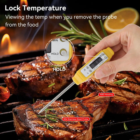 Digital Food Thermometer With Automatic Calibration For High Accuracy Cooking, Waterproof Pocket Thermometer With Protective Cover, Yellow Finish For BBQ Grilling And Kitchen Use shown on grilled meat