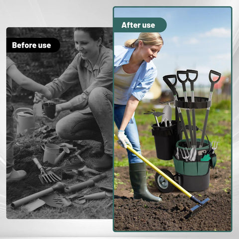 Heavy Duty Rolling Garden Cart With 5 Gallon Bucket, Oxford Bag With 8 Pouches, And 3 Gallon Basket in outdoor use