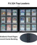Top Loader Card Binder For 3x4 Inch Cards Holds Over 320 Top Loaders With 18 Double-Sided 9-Pocket Pages shown open with cards.