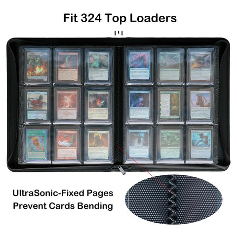 Top Loader Card Binder For 3x4 Inch Cards Holds Over 320 Top Loaders With 18 Double-Sided 9-Pocket Pages shown open with cards.