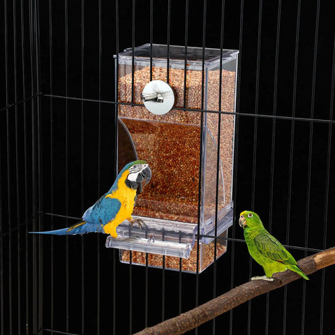No Sweat Bird Feeder And Water Dispenser Set For Parrot Cages with seed pot, two birds, and clear acrylic design.