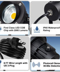 Outdoor Led Spotlight With Dusk To Dawn Sensor 20W 2000 Lumen Super Bright 3000K Warm White Waterproof Landscape Lights For Your Yard Garden Tree Flag Decor 6 Ft Cord Two Pack, showcasing LED chip, waterproof rating, cord, and sensor.