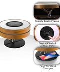 Bedside Smart Lamp Shade With Bluetooth Speaker Fast Wireless Qi Charger Touch Dimmer Dimmable Led Nightlight showing resin frame, digital clock, and charger